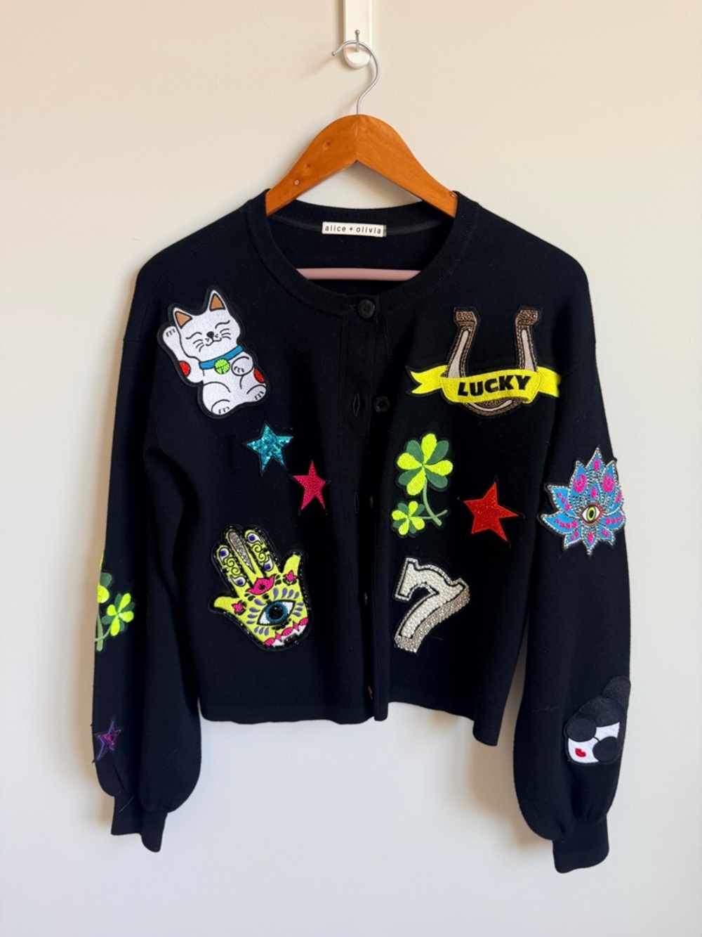 Alice + Olivia Black Embroidered Patch Cardigan with Neon Accents